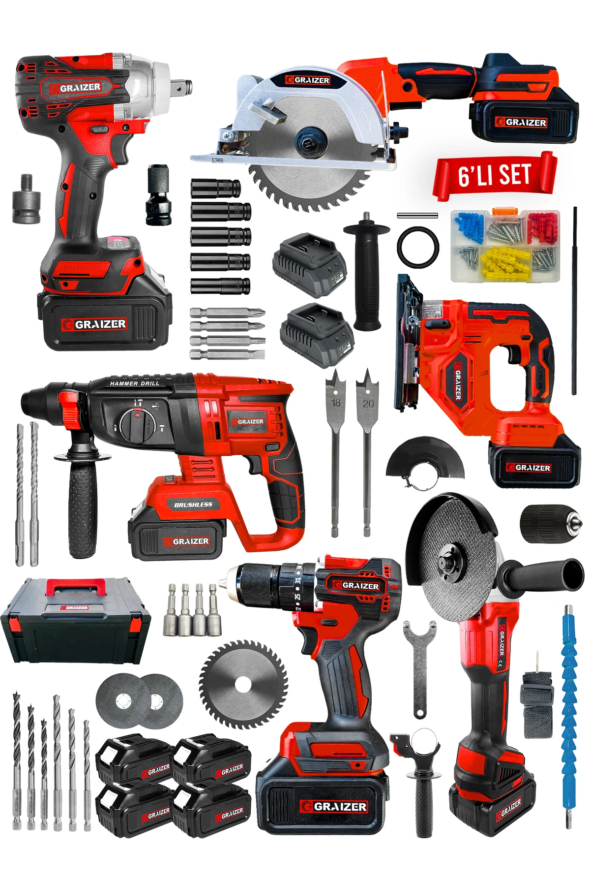 Powerforge Profesyonel Kömürsüz Bakır Sargılı Çelik Şanzıman 6'lı Set Sunta Kesme+Dekupaj-Kırmızı