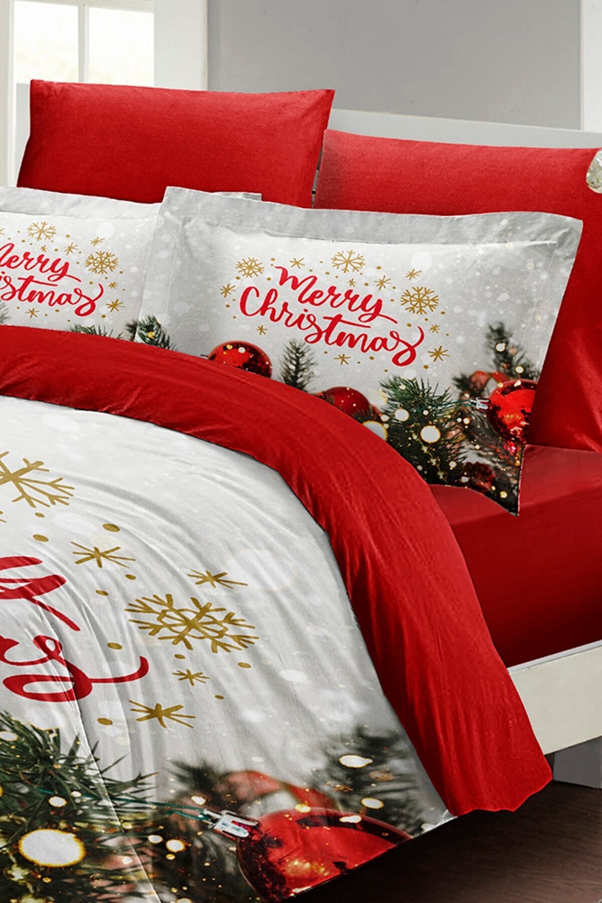 Kıng Sıze Yılbaşı Nevresim Takım %100 Doğal Pamuk Saten Noel Çift Kişilik Noel 220x240cm