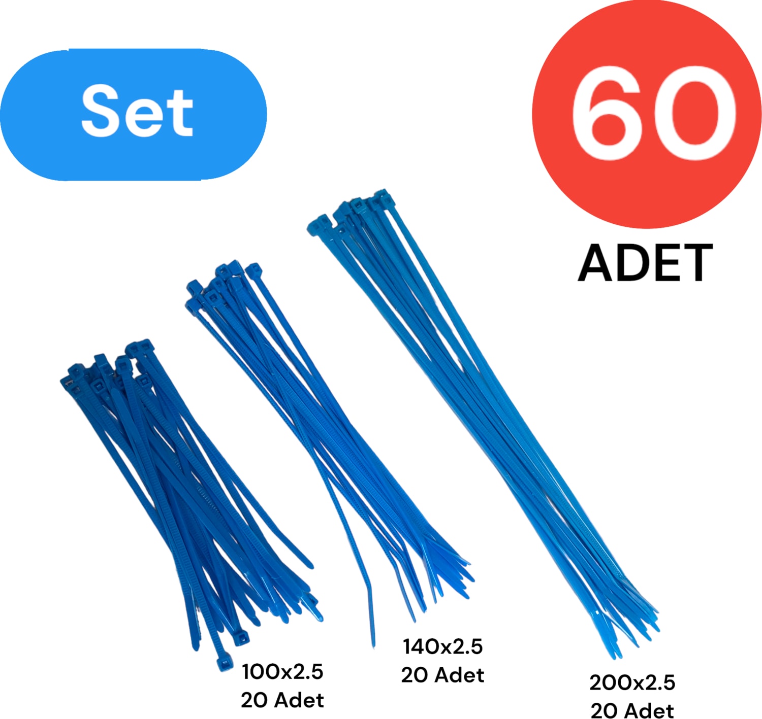 Plastik Kablo Bağı Klipsi Cırt Kelepçe Set 100-150-200 x 2.5 mm Mavi (20 x 3) 60 Adet