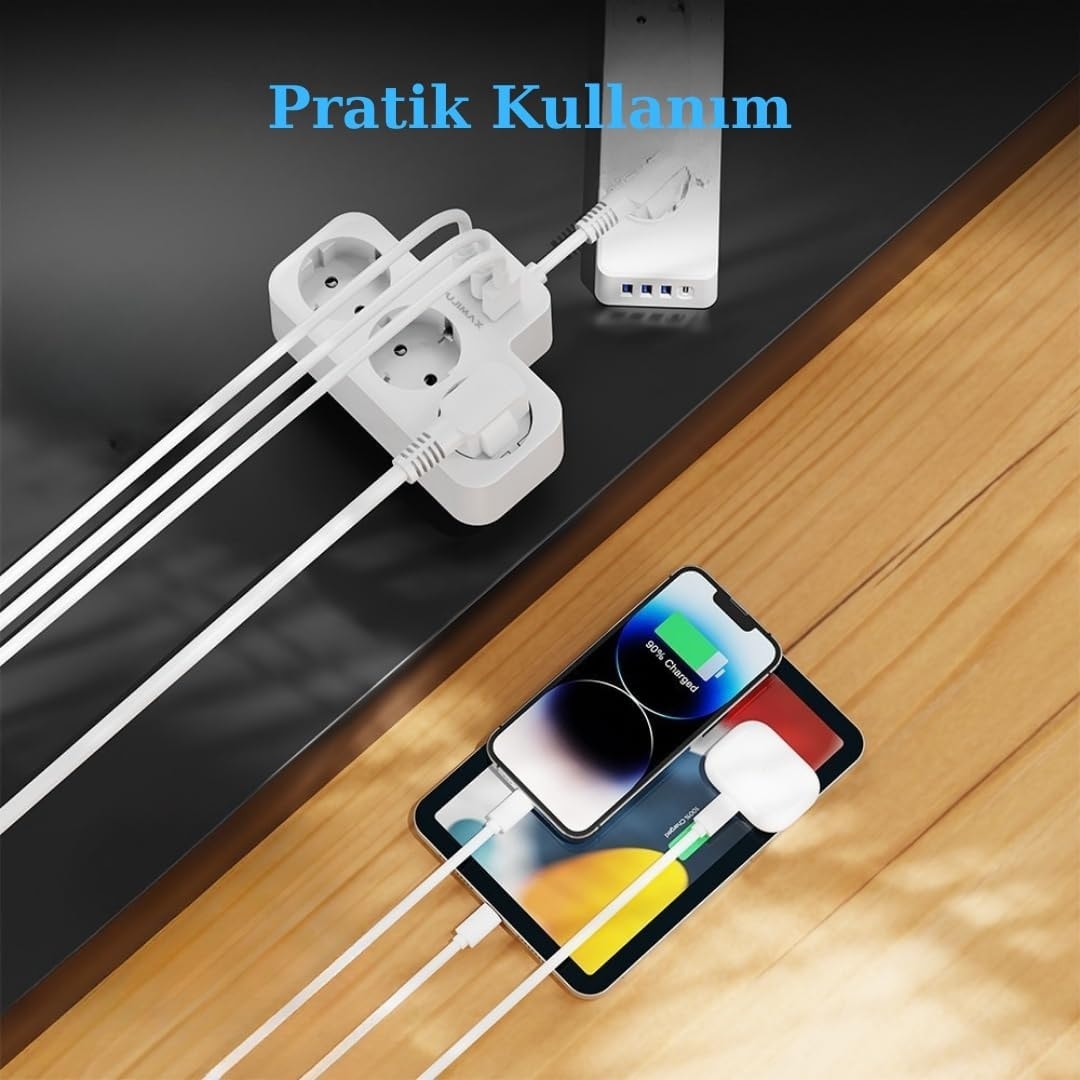 Beyaz Akıllı Priz Termal Korumalı 3 Prizli Çoklu Akım Prizi | 2 Usb-A + 1 USB - Korumalı Priz