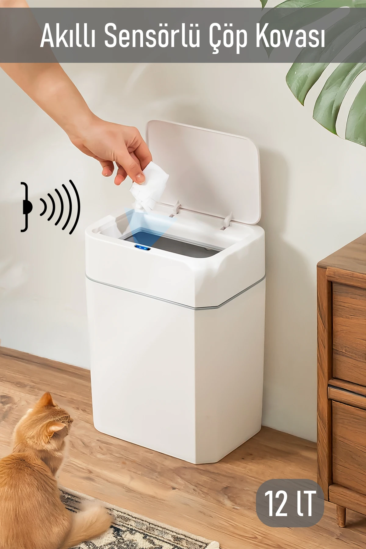 4147 Hareket Sensörlü Sessiz Kapatma Çöp Kutusu Banyo Mutfak Çöp Kovası Kapaklı Banyo Çöp Kovası