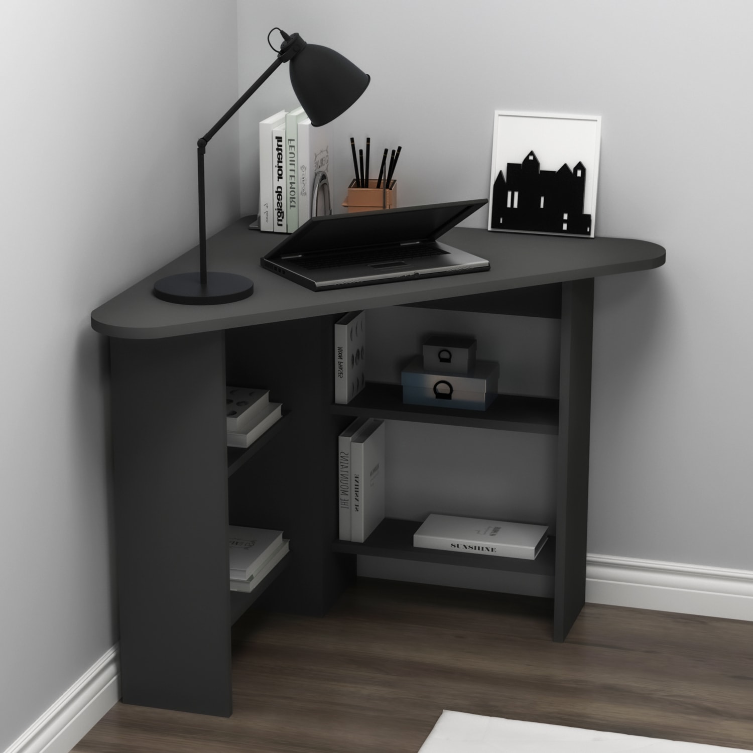 Corner Köşe Çalışma Masası Bilgisayar Masası Yer Kaplamaz Ofis Masası, Antrasit - Corner