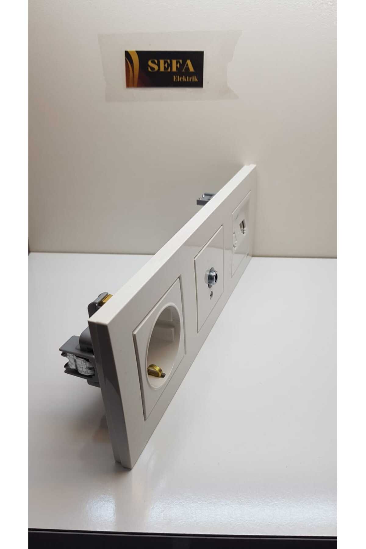 TOPRAKLI PRİZ UYDU PRİZİ TELEFON PRİZİ ÇERÇEVELİ ÜÇLÜ TAKIM BEYAZ  KARRE