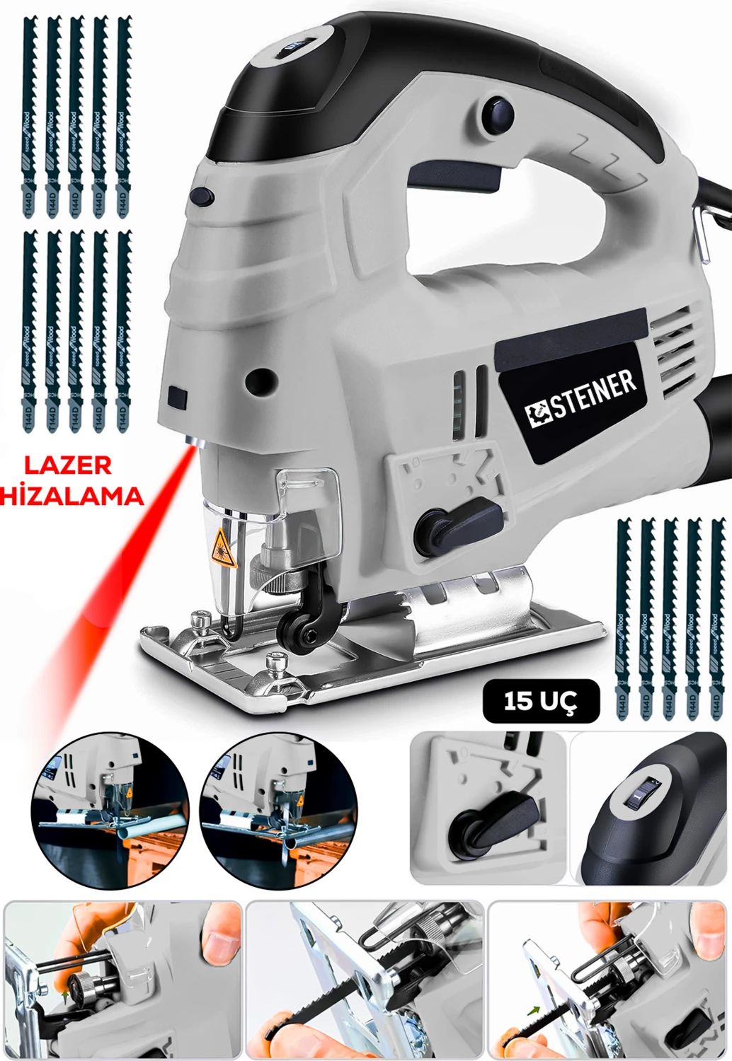 Alman 4600 W Lazerli Sjs Metal Şanzuman 6 Kademe Devirli Pandül Ayarlı Dekupaj Testere Makinesi Gri + 15UÇ