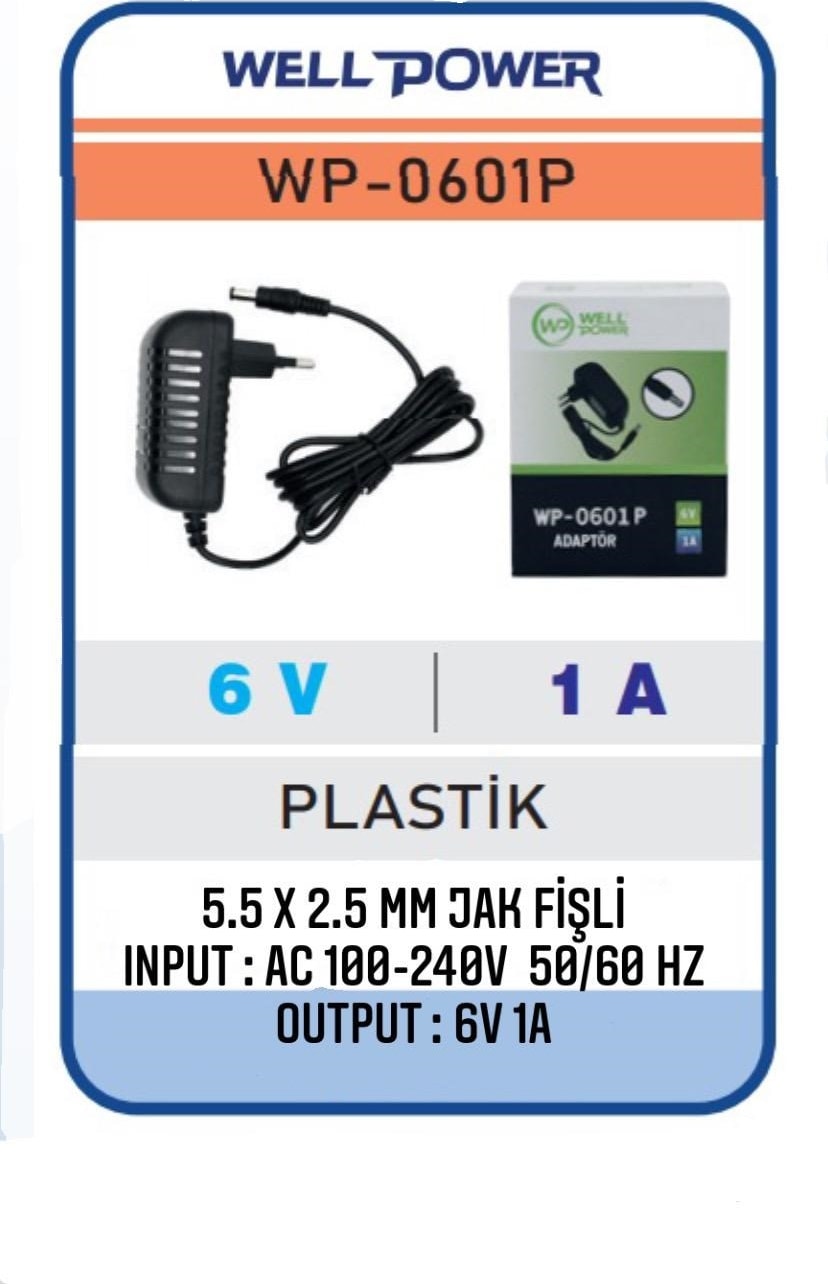 6V 1A Adaptör 6 Volt 1 Amper 5.5 x 2.5 mm Jak Fişli Plastik Kasa  WP-0601P