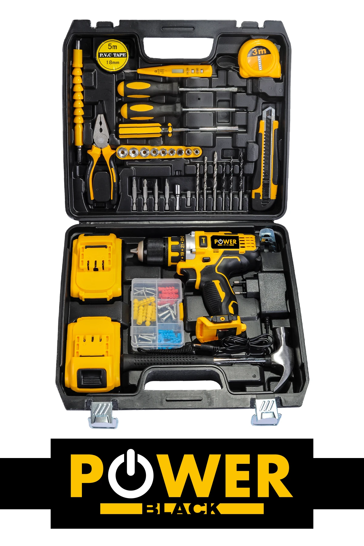 POWEBLACK PRO Germany Technology 58Vf 5Ah Çelik Mandren Çift Akülü Vidalama Şarjlı Matkap Seti