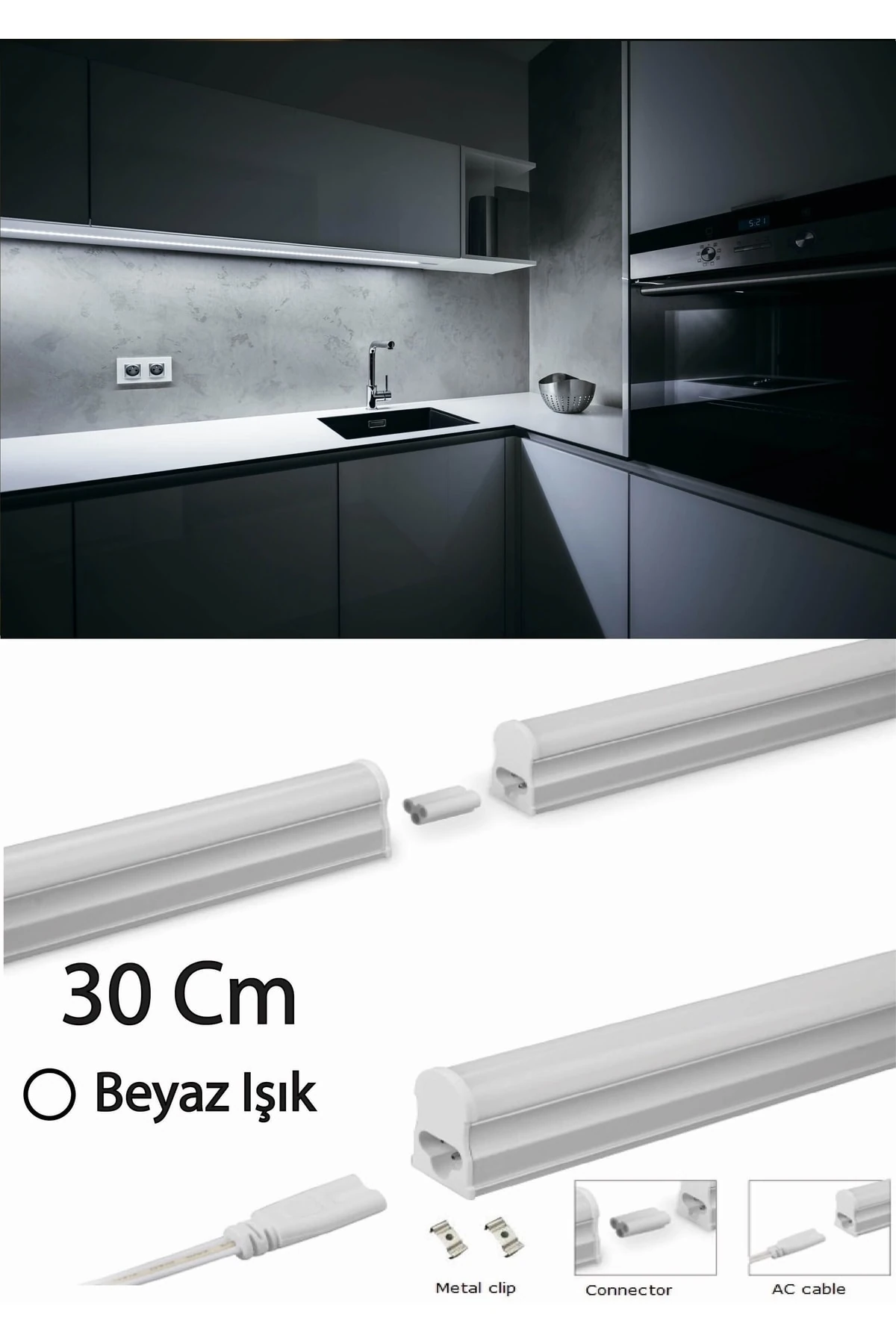 Mutfak Tezgah Aydınlatması-raf Aydınlatması 30cm Led Anahtarlı Set- Beyaz