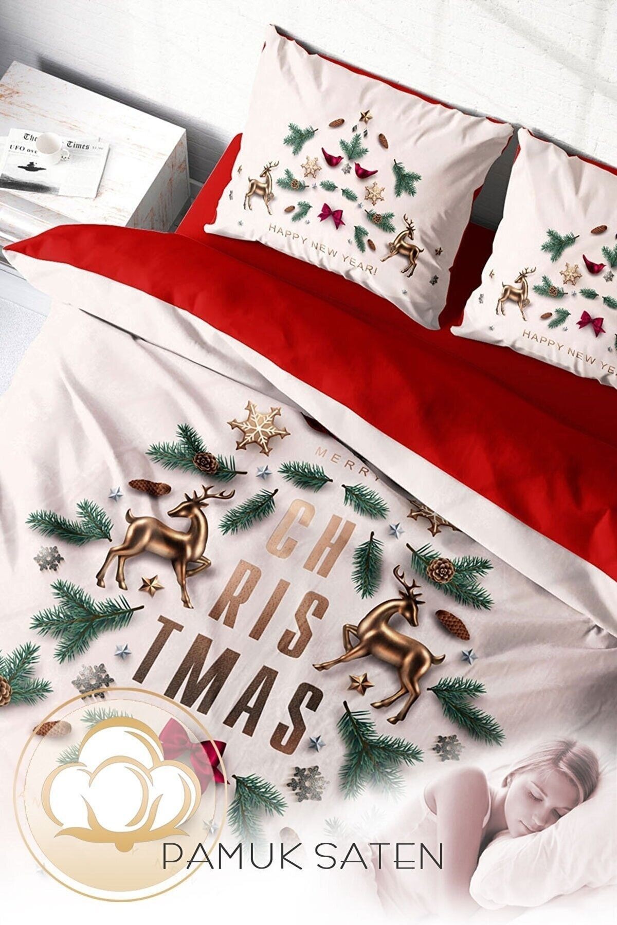 Yılbaşı Süsü White Noel %100 Pamuk Saten 3d Çift Kişilik Nevresim Takımı
