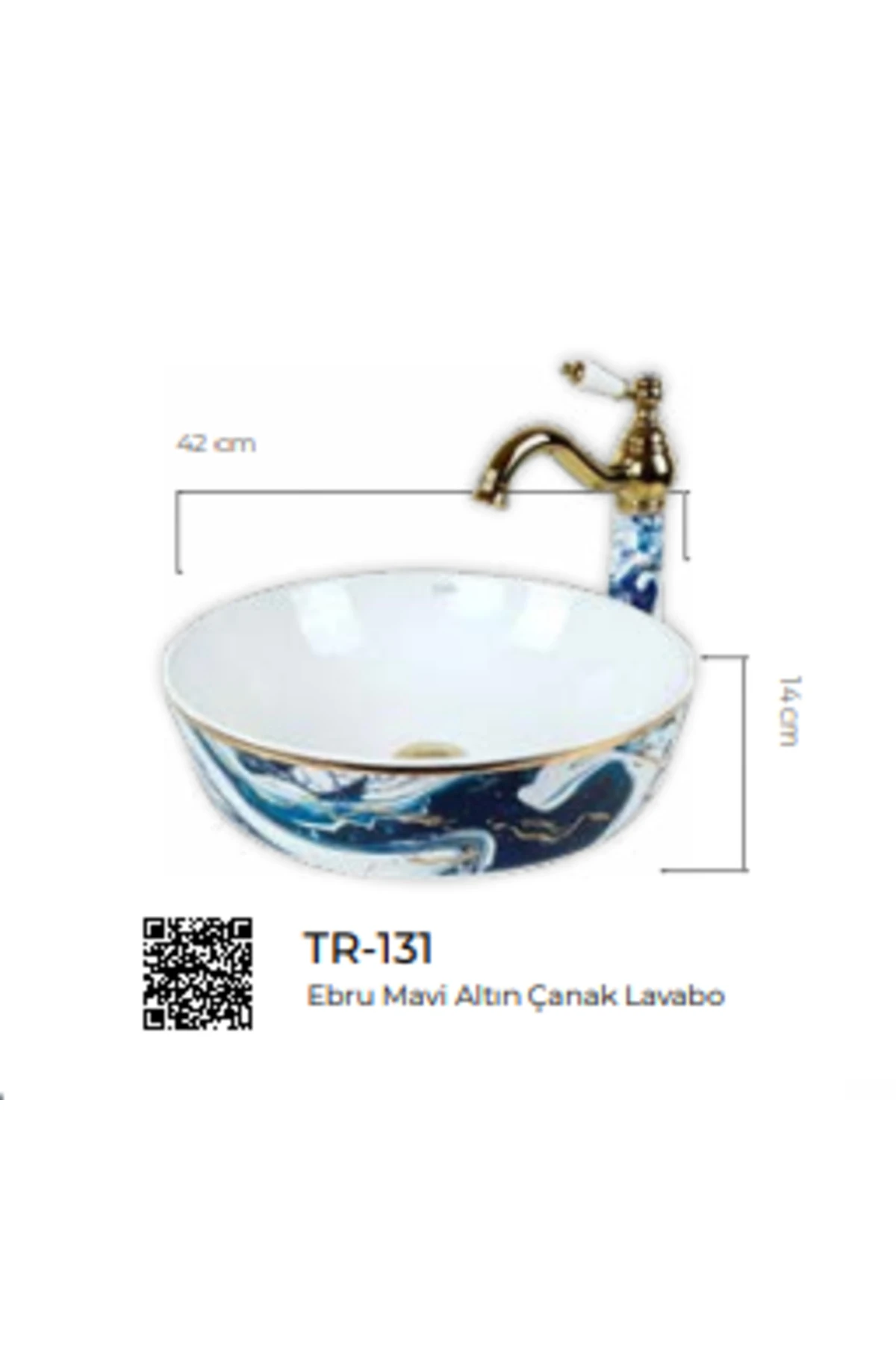 Pure Ebru Mavi Altın Tezgah Üstü Çanak Lavabo Tr-131