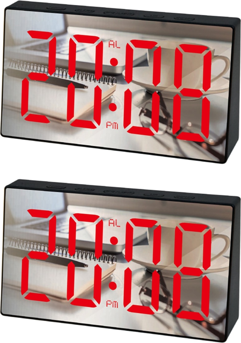 2x LED Ayna Çalar Saat Dijital Erteleme Masa Saati Uyandırma Işığı Zaman Sıcaklık Göstergesi Ev Dekorasyon Saati Kırmızı (Yurt Dışından)