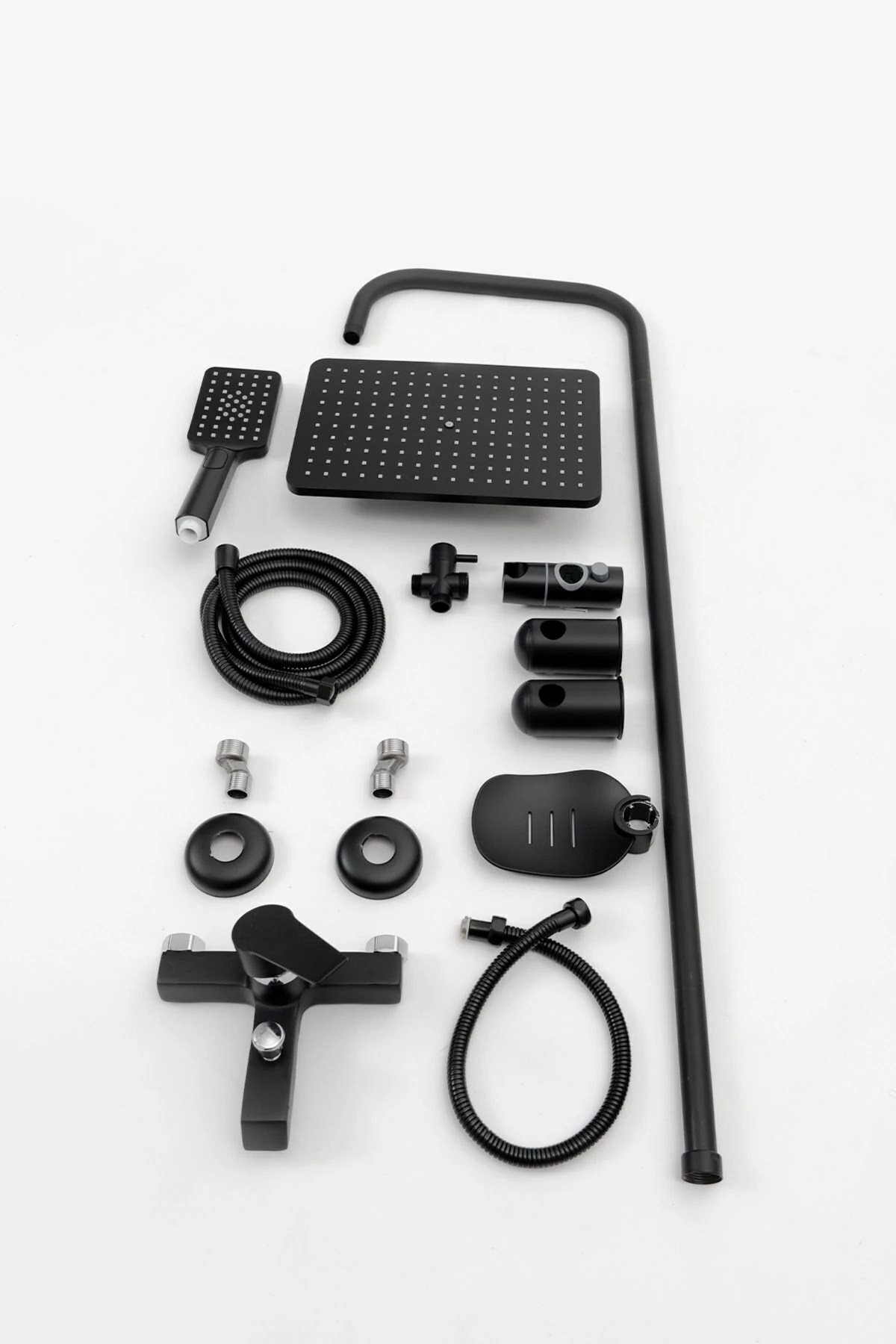 Lüks Siyah Yağmurlama Tepe Duş Seti Ve Modern Siyah Kare Ağır Banyo Bataryası 2'li Set