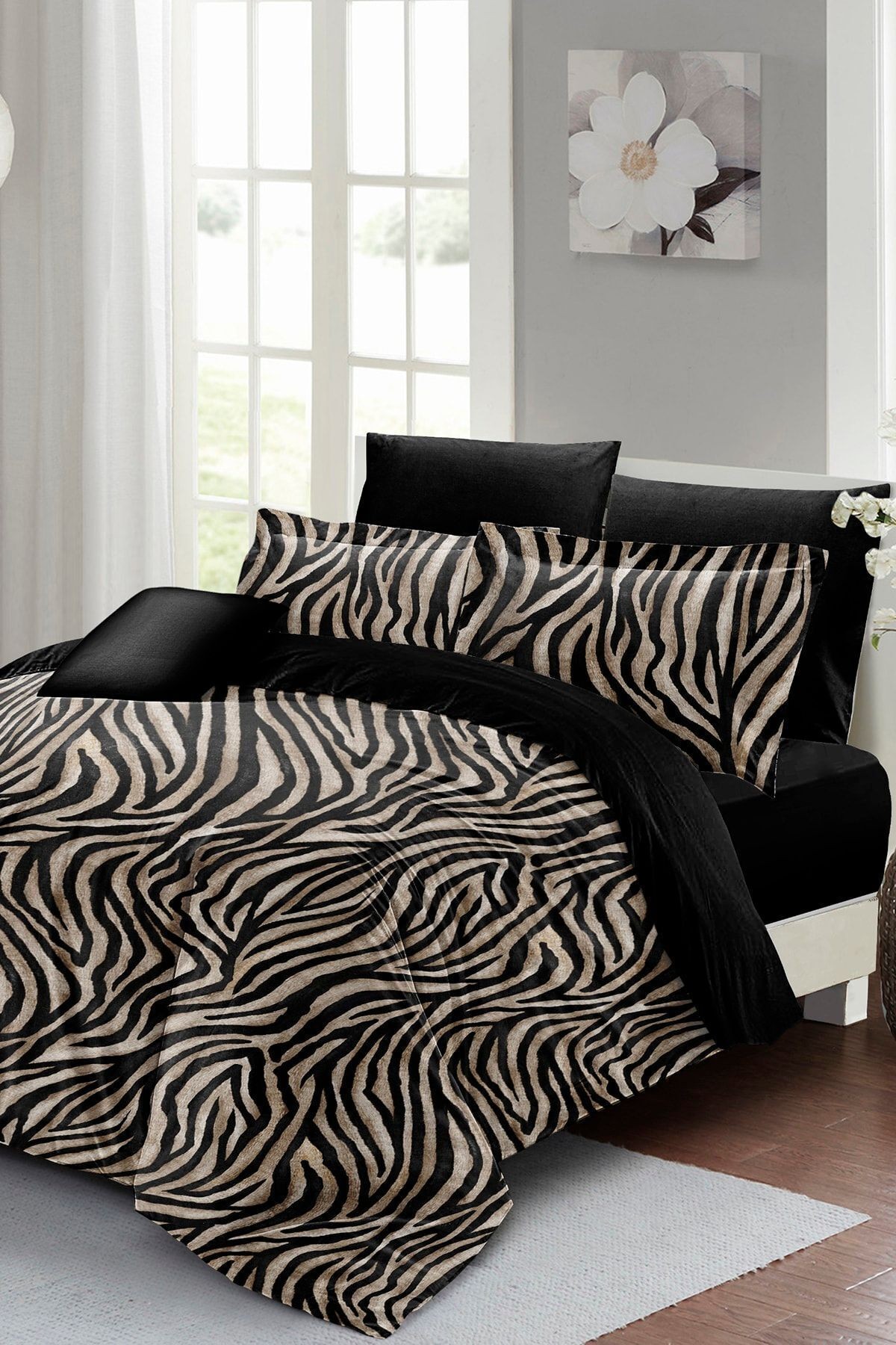Çift Kişilik Nevresim Takımı Sık Dokuma Pamuk Saten 3d Özel Tasarım Black Zebra