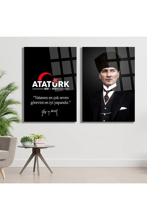 2 PARÇA ATATÜRK MAKAM ODASI CAM TABLO "Vatanını En Çok Seven Görevini En İyi Yapandır." Ofis Hediye