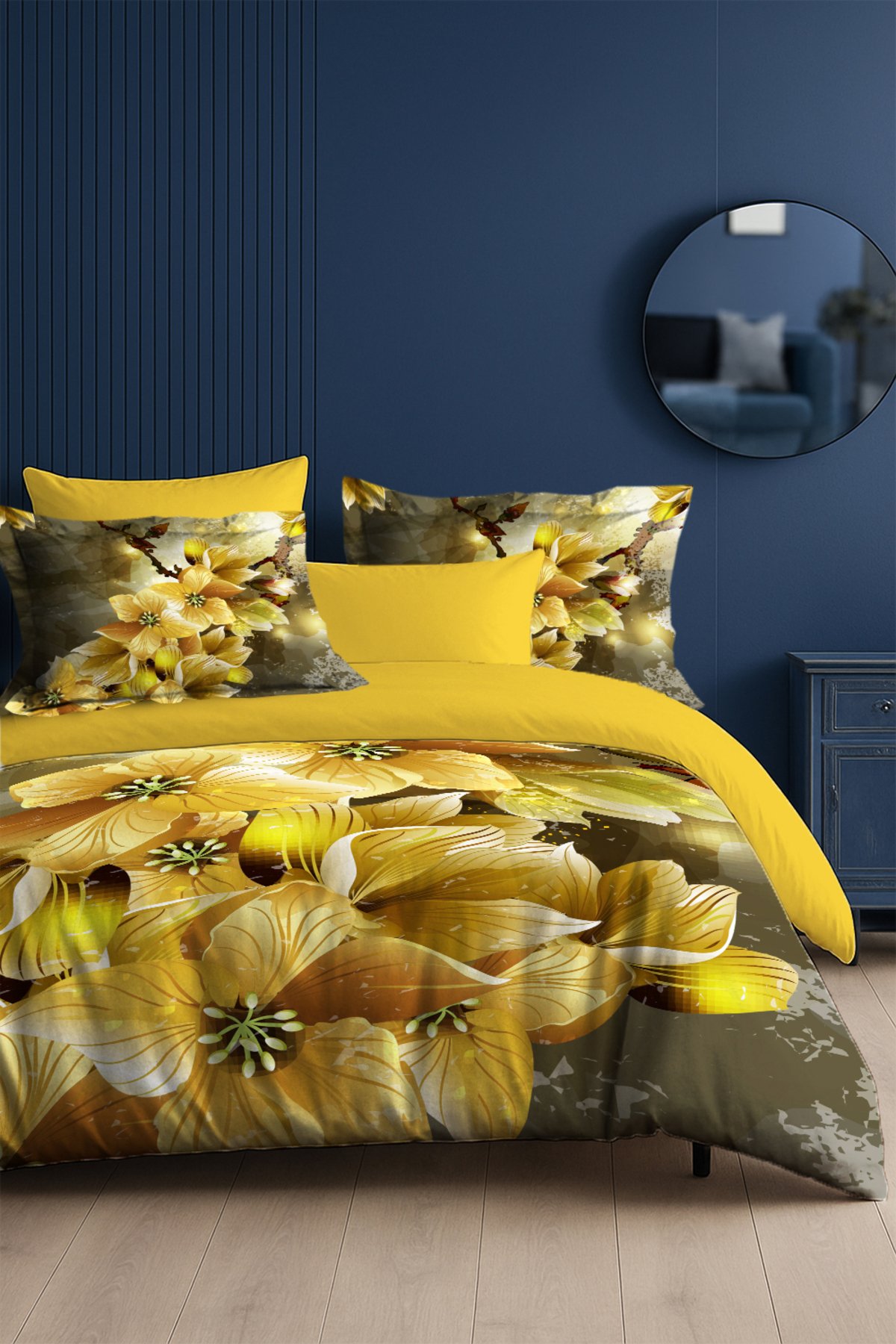 Nevresim Takımı %100 Doğal Pamuk Çift Kişilik 3d Digital Yellow Flowers