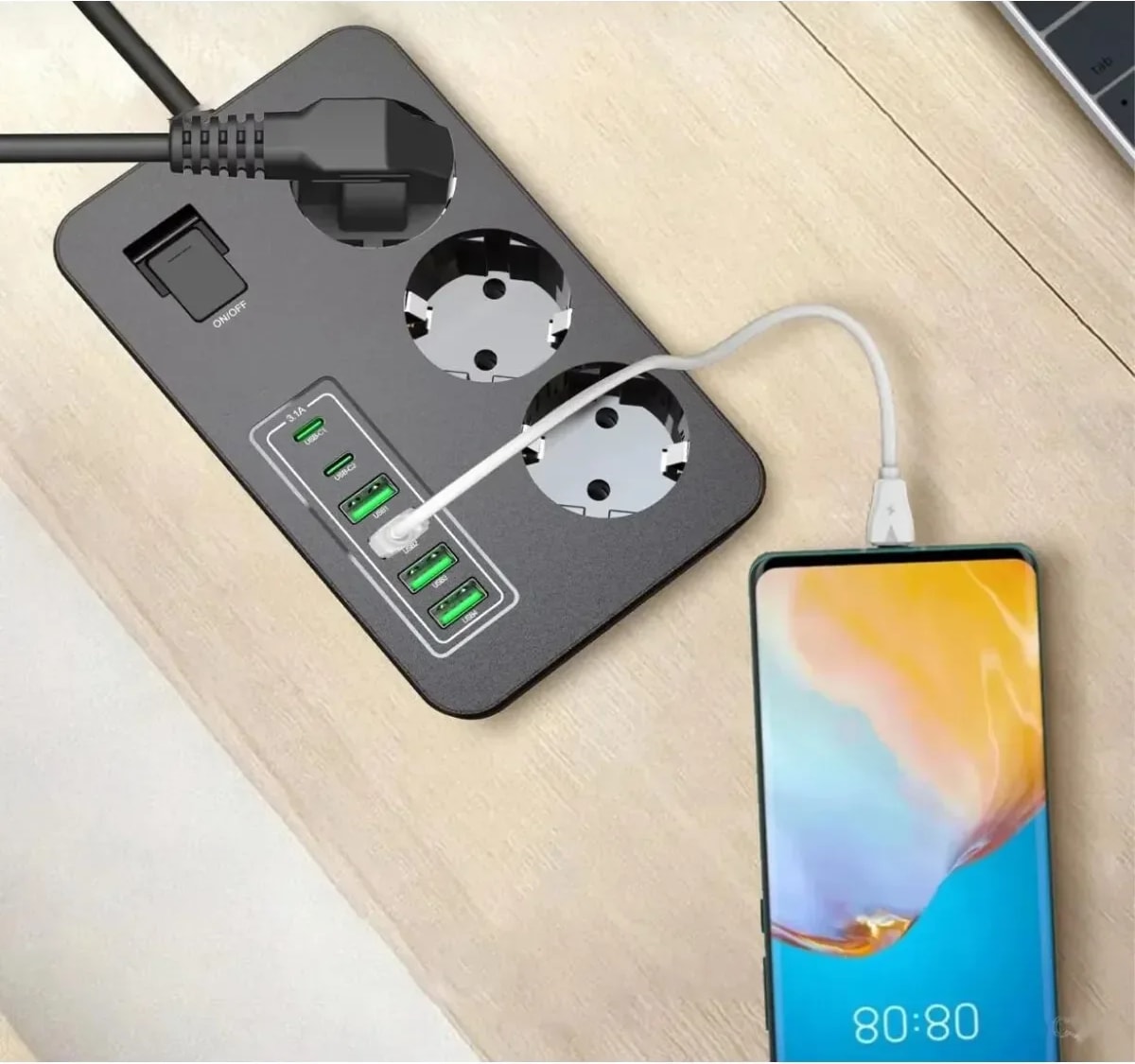 Akım Korumalı 3’lü Priz – 2x Usb-C + 4x Usb-A Hızlı Şarj | 2m Kablo | Çocuk Korumalı Çoklu Priz