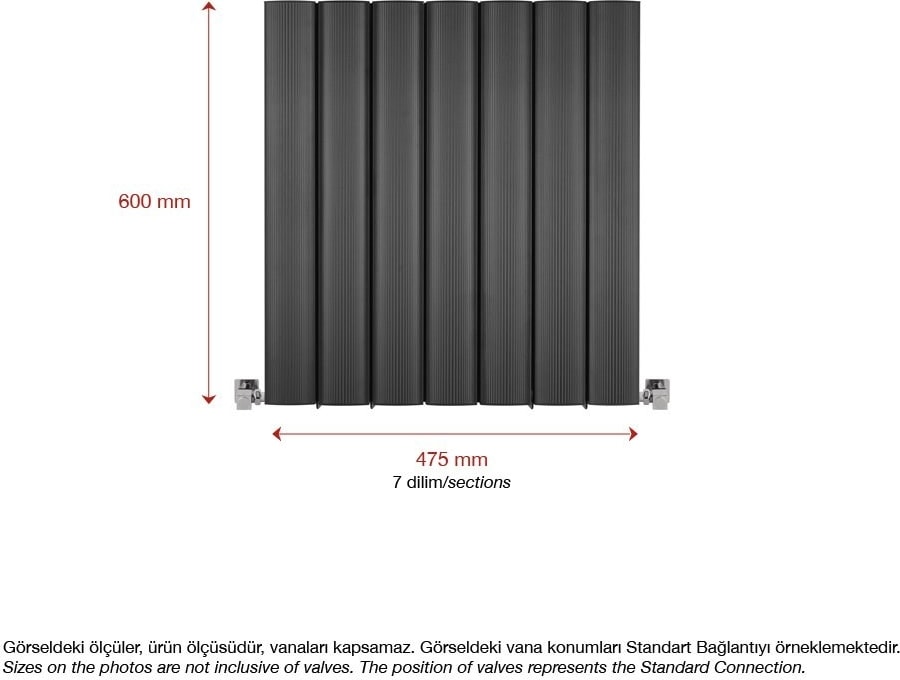 600 x 475 mm Amber Yatay Antrasit Alüminyum Radyatör Standart Bağlantı
