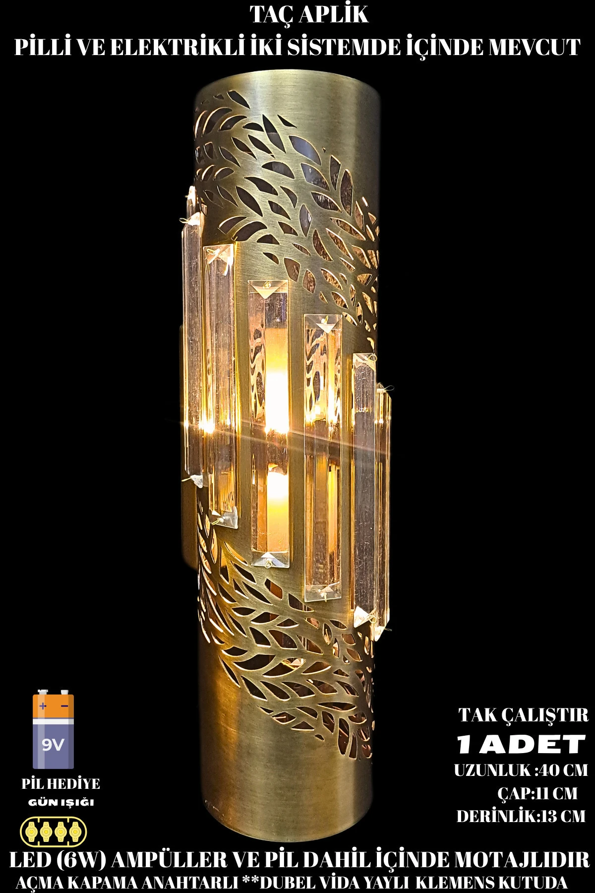 Taç Apik Eskitme, Pilli Aplik, Anahtarlı, Pilli Elektrikli Ledli Duvar Aplik Kristal Taşlı