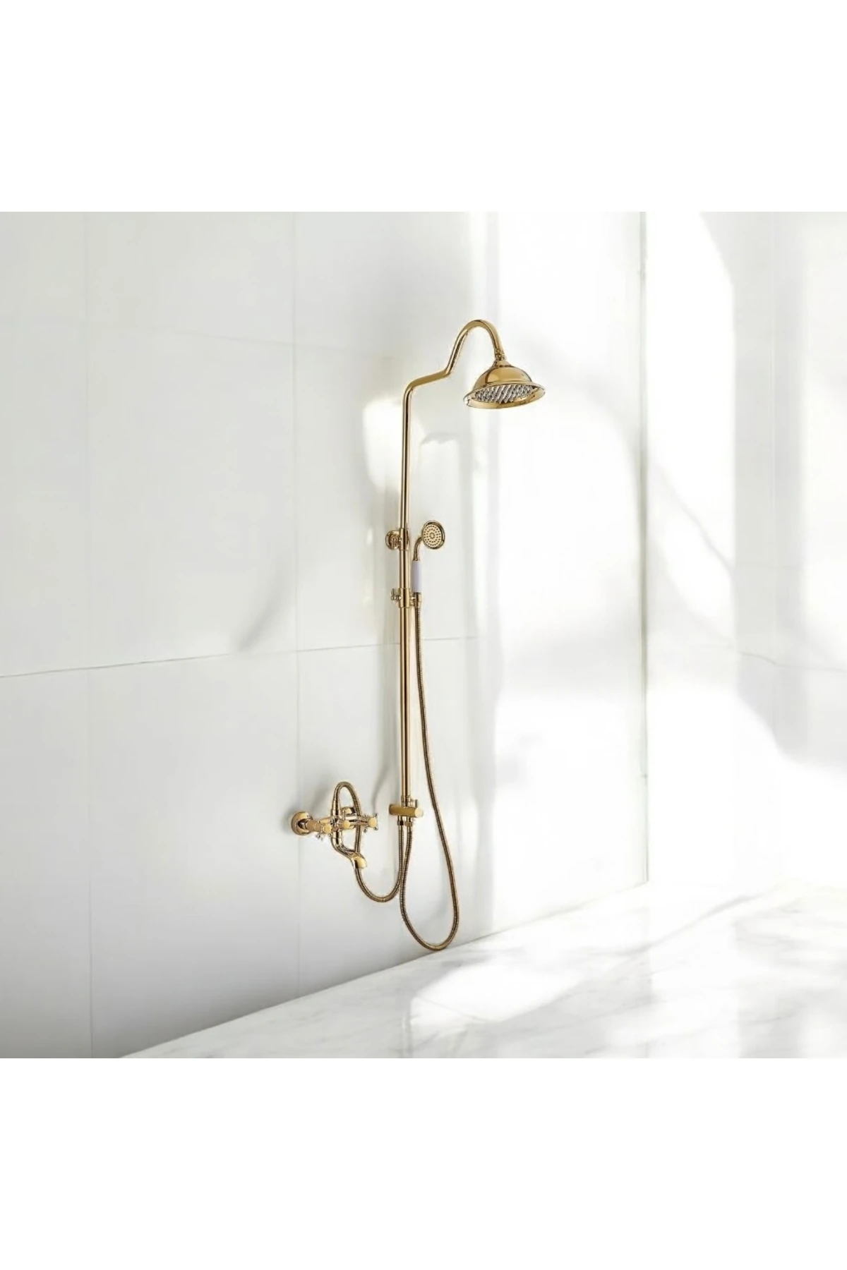 Gold Duş Seti Batarya Dahil Gold Yağmurlama Klasik Tasarım Vintage Pirinç 5 Yıl Garanti