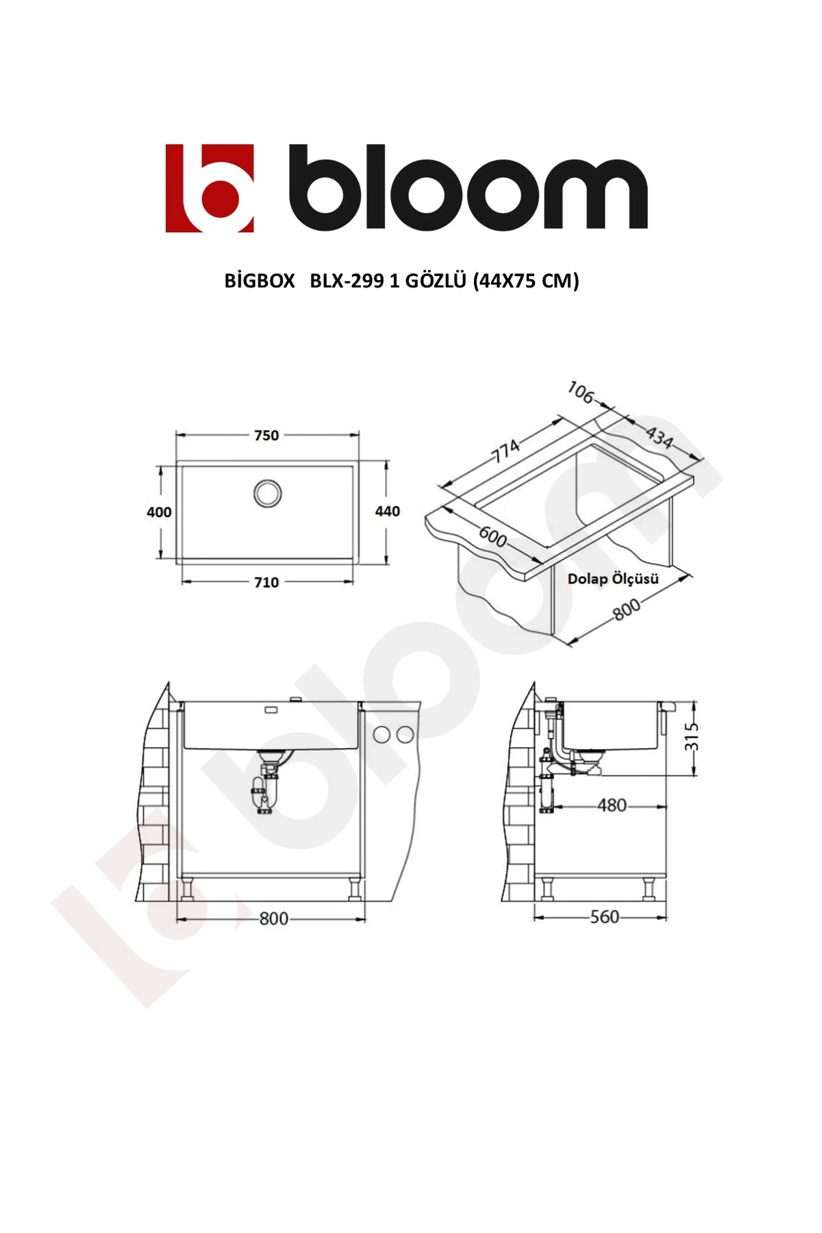 BigBox 1 Gözlü 44 X 75 cm Paslanmaz Çelik Evye 1 mm Kalınlık DÜZ (İNOX)