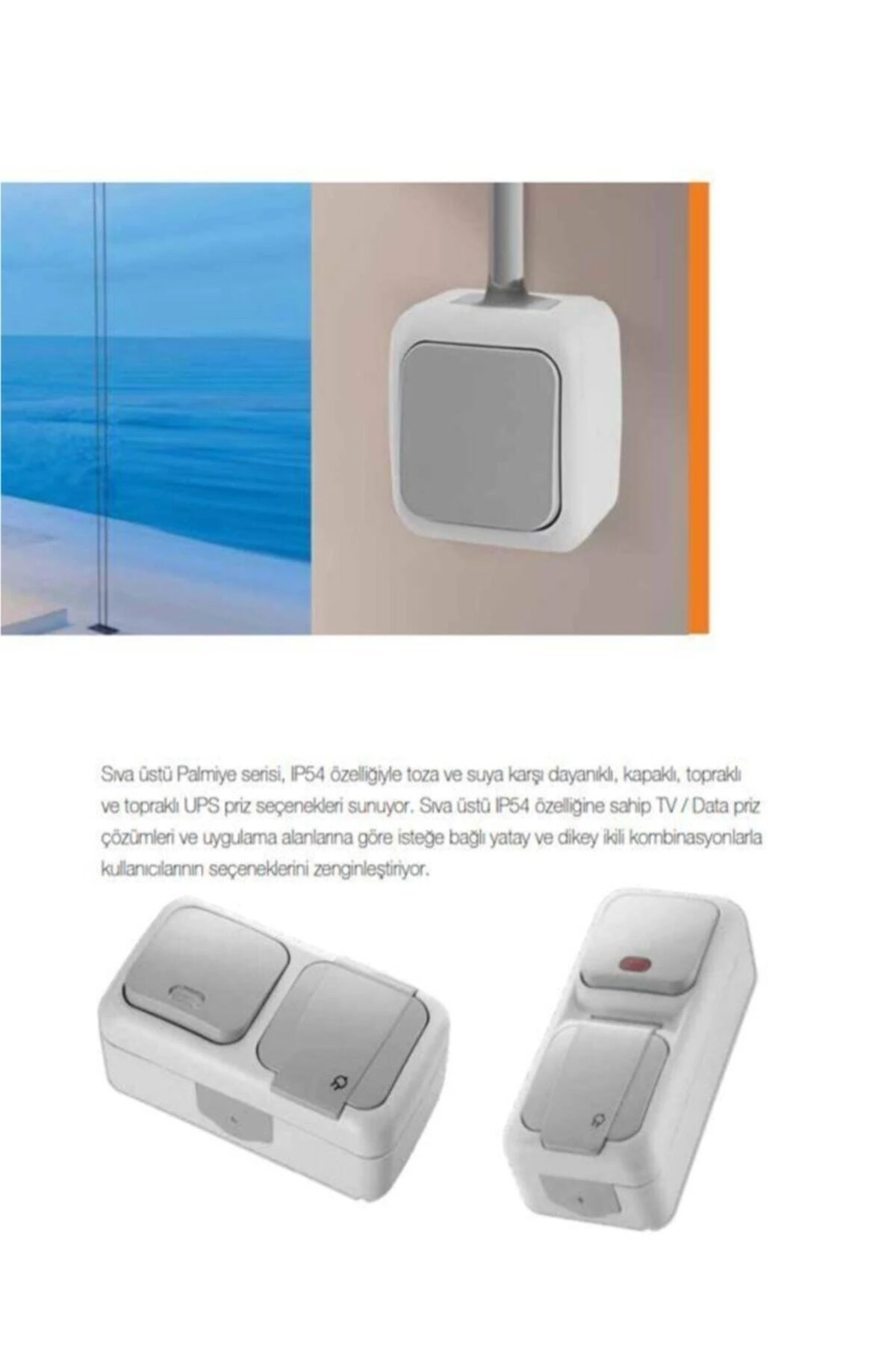 Palmiye Sıva Üstü Anahtar + Topraklı Priz Kombine Set ( Su Sıçramalarına Dayanıklı)