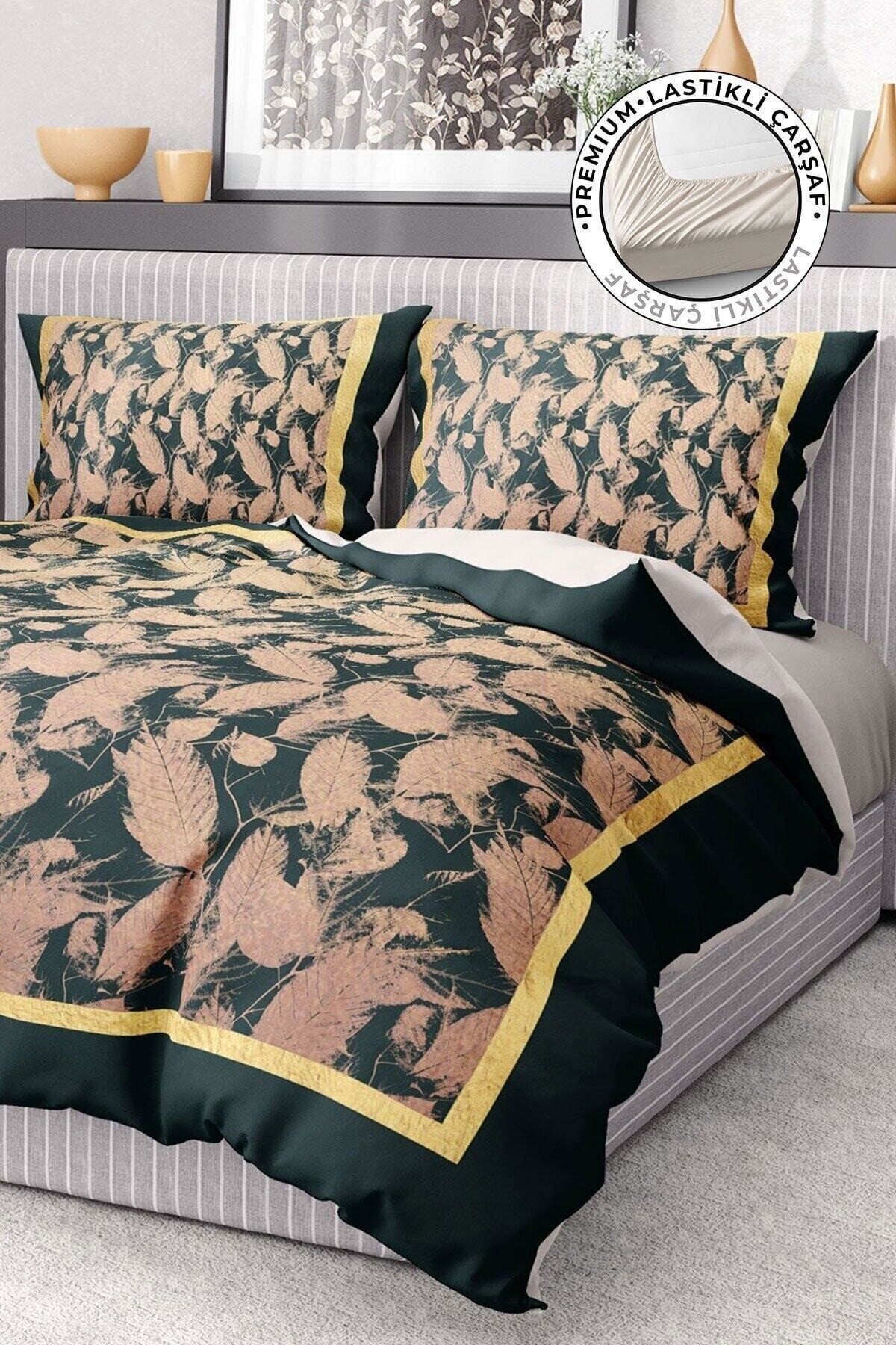 %100 Pamuk Saten Nevresim Takımı Lastikli Çarşaf Deluxe Çift Kişilik 3d Leaf