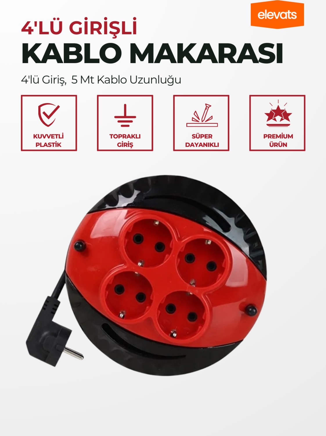 Premium Makaralı Uzatma Kablo 4 Lü 5 Metre 3X1 mm 3000 Watt