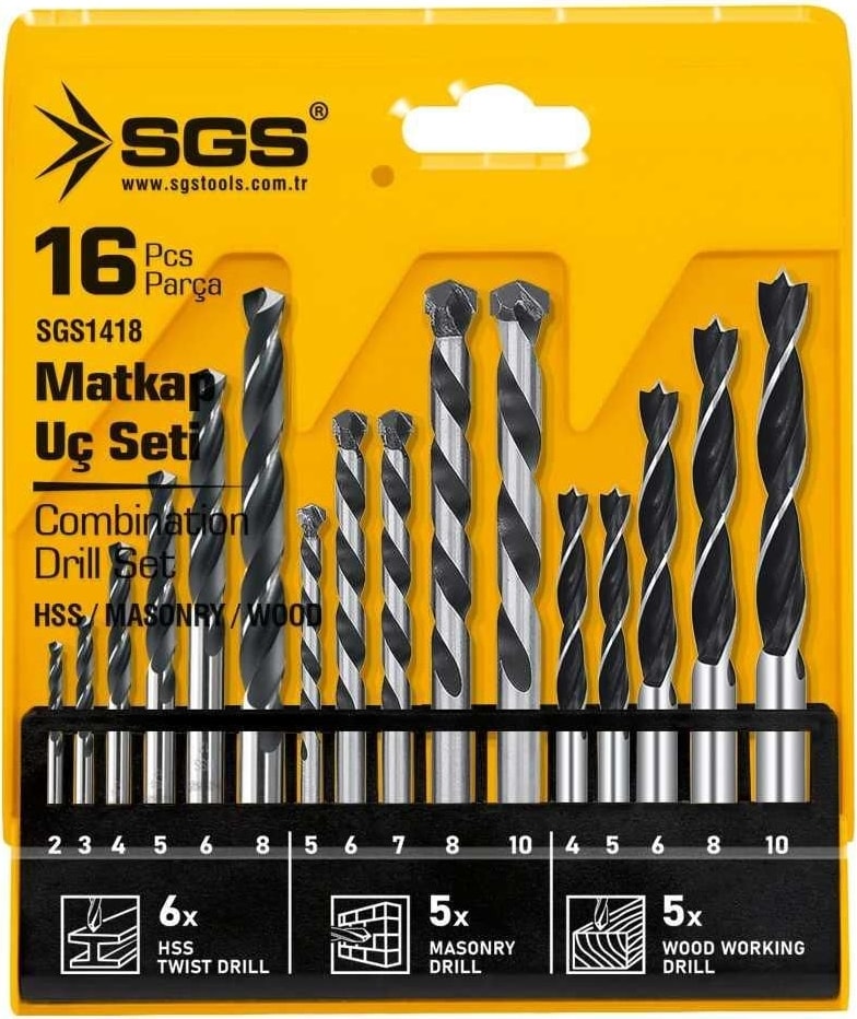 SGS 1418 Ahşap Metal Beton Matkap Ucu Seti 16 Parça