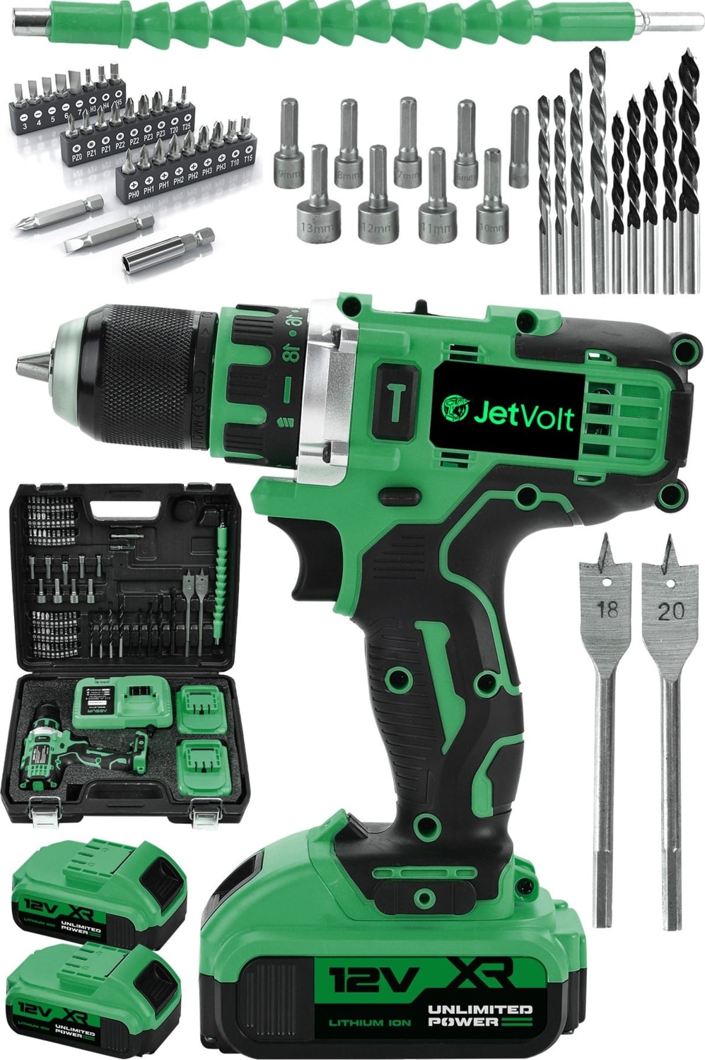 12V 2.0AH Şarjlı Matkap 84 Parça Set, Metal Şanzıman, Bakır Sargı, Çift Akülü, Yeşil