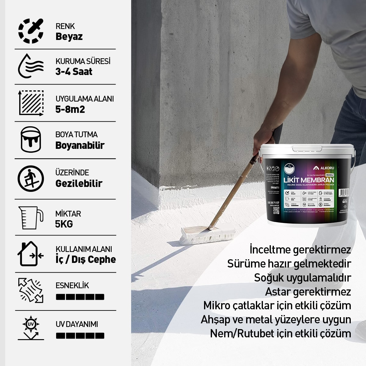 5 kg Beyaz Likit Membran Renkli Reçine Esaslı Sıvı Su Yalıtım Malzemesi