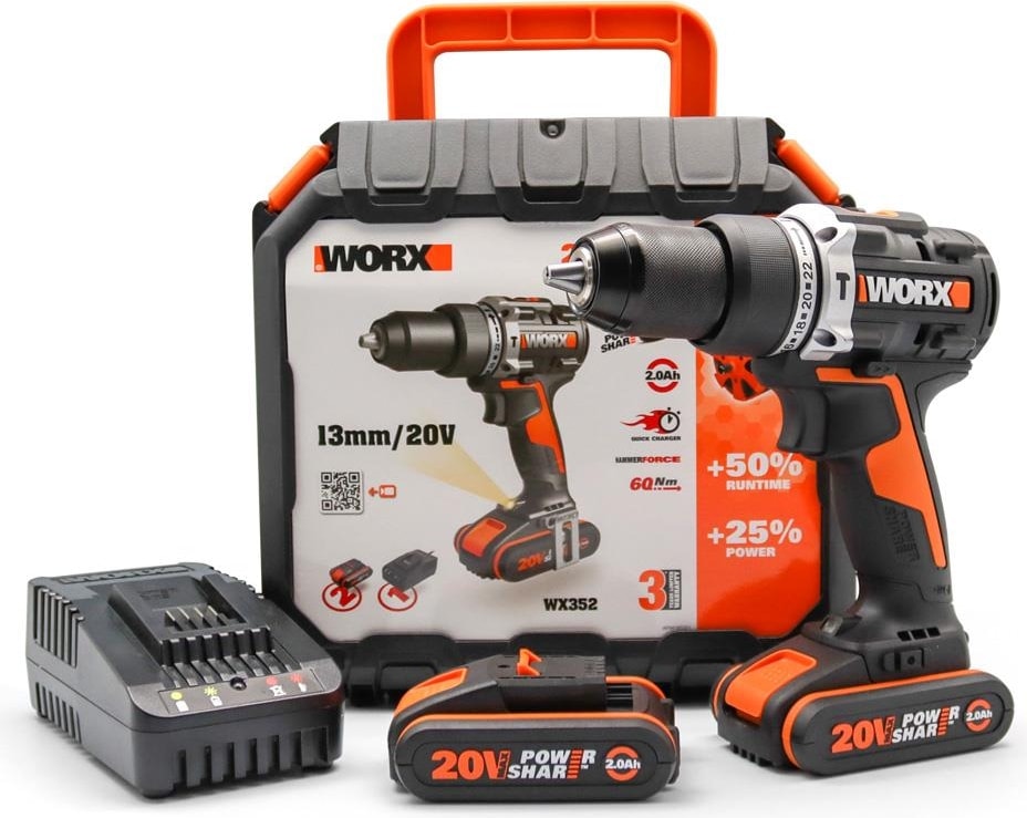 WX352 20VOLT/2.0AH Li-Ion Çift Akülü Kömürsüz Profesyonel Şarjlı Darbeli Matkap