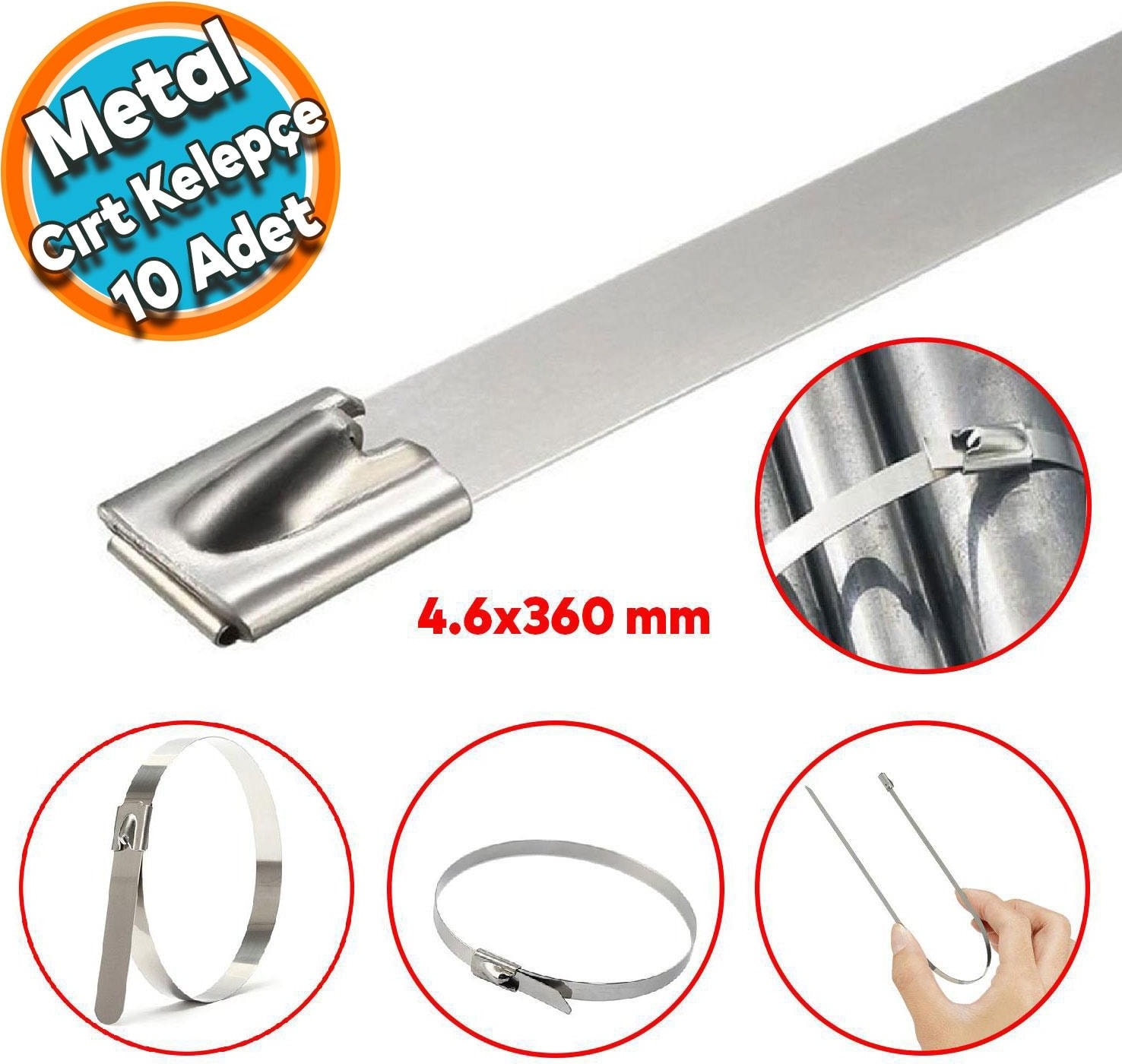Cırt Kelepçe Metal Paslanmaz Çelik Kablo Zip Bağı Çok Amaçlı Bağlama 4.6X360 10 Adet