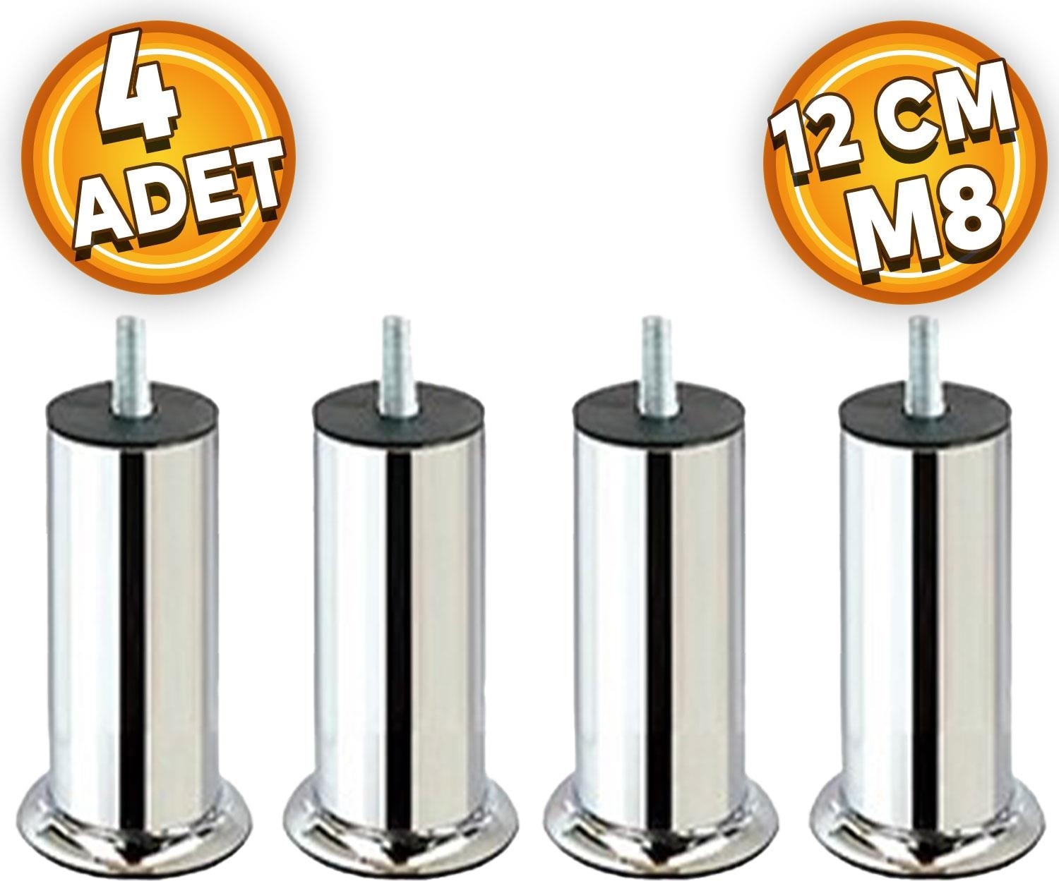 Mobilya Kanepe Koltuk Baza Yatak Çekyat Yükseltme Ayağı M8 Ince Diş Krom Metal Ayakları 12 Cm 4 Adet