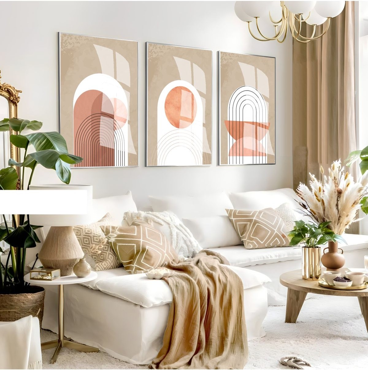 |kiremit-Krem-Beyaz Renk Bohem Set 37 Minimalist |çerçeveli Cam Tablo 3lü Dikey