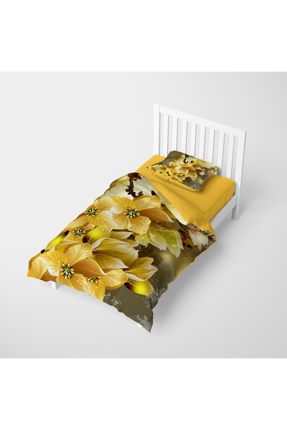 %100 Pamuk Saten Tek Kişilik Nevresim Takımı Yellow Flower