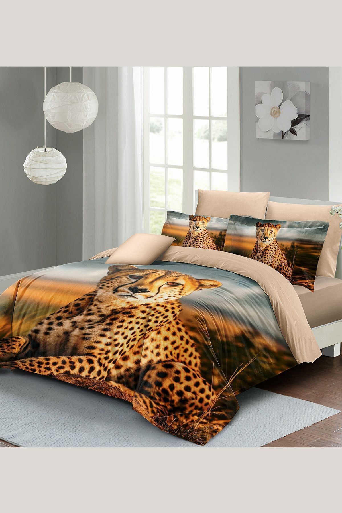 Leopar Lastikli Çarşaflı %100 Pamuk Saten Çift Kişilik Nevresim Takımı Cheetah
