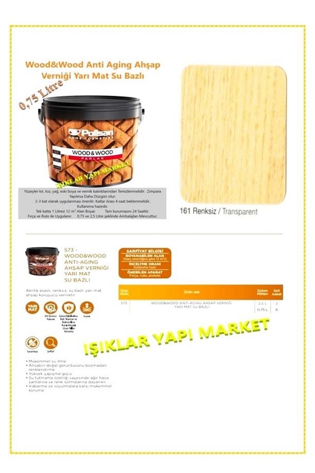 Wood&wood-Anti Aging Ahşap Verniği-Yarı Mat-Su Bazlı-0,75Litre (0,850Kg.)-Vernik