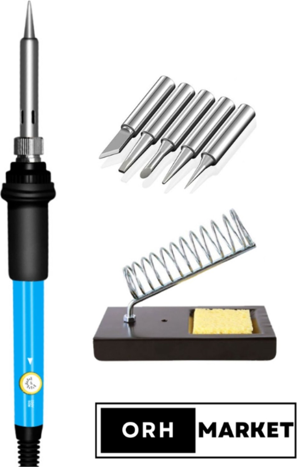 60W Kalem Havya Seti – Metal Stand + 5 Uçlu, Seramik Rezistörlü Lehimleme Takımı
