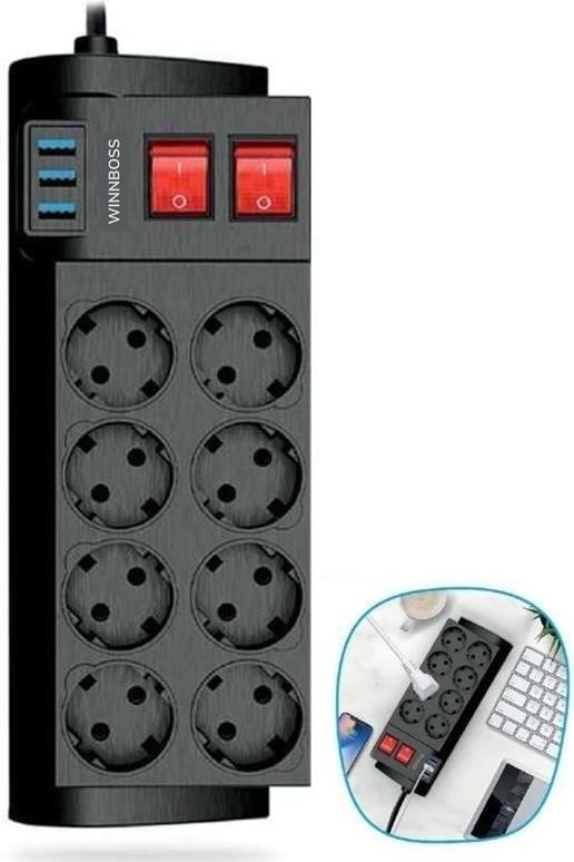 ® Isıya Dayanıklı Akım Korumalı 8 Priz + 3 USB Uzatma Kablosu (2m, 16A, 4000W)