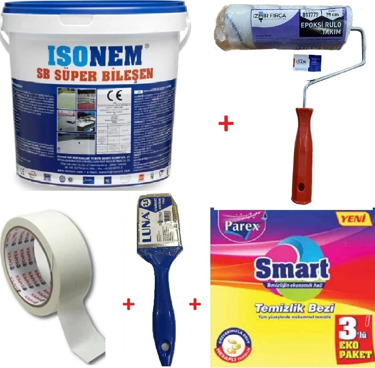 Isonem Sb Süper Bileşen Su Yalıtımı Beyaz + Izmir Fırça Epoksi Rulo 20 Cm + Izmir Fırça Luna 2.5 Cm Kestirme Fırça + 3 Cm Maskeleme Bandı + Parex Smart 3 Lü Eko Paket Temizlik Bezi Set