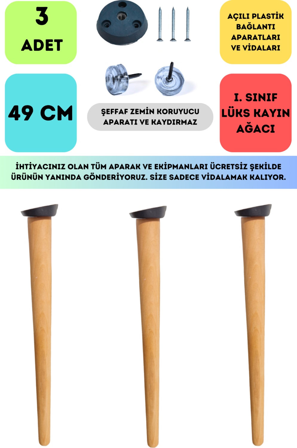 3'lü Konik Lüks Ahşap Ayak, Masa Ayağı, Sehpa Ayağı, Açılı Parat ve Vidalar 49 cm