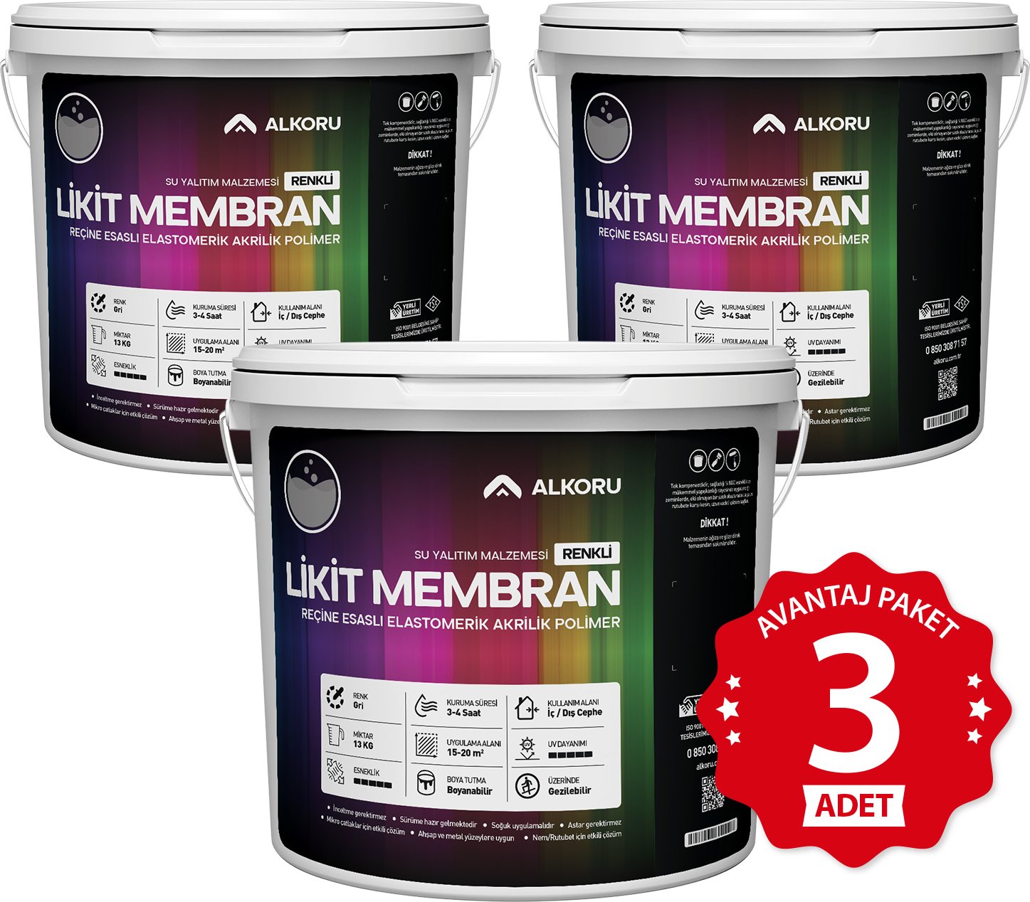 3 Adet 13 kg Gri Likit Membran Renkli Reçine Esaslı Sıvı Su Yalıtım Malzemesi Avantaj Paket