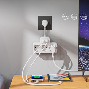 Akım Korumalı Priz, Duvar Priz Çoğaltıcı, 3x Priz Soketi, 2x Type-C Girişi, 1x USB Girişi, Çocuk Korumalı ve Isıya Dayanıklı Yapı, Aşırı Gerilim Koruyucu, 16A/3680W (Kablosuz)