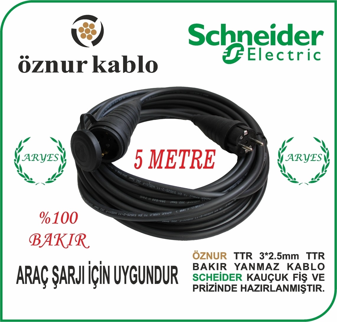 3*2.5 Ttr Bakır 5 Metre Schneider Kaucuk Prizli Uzatma Kablosu Araç Şarjı Için Uygundur