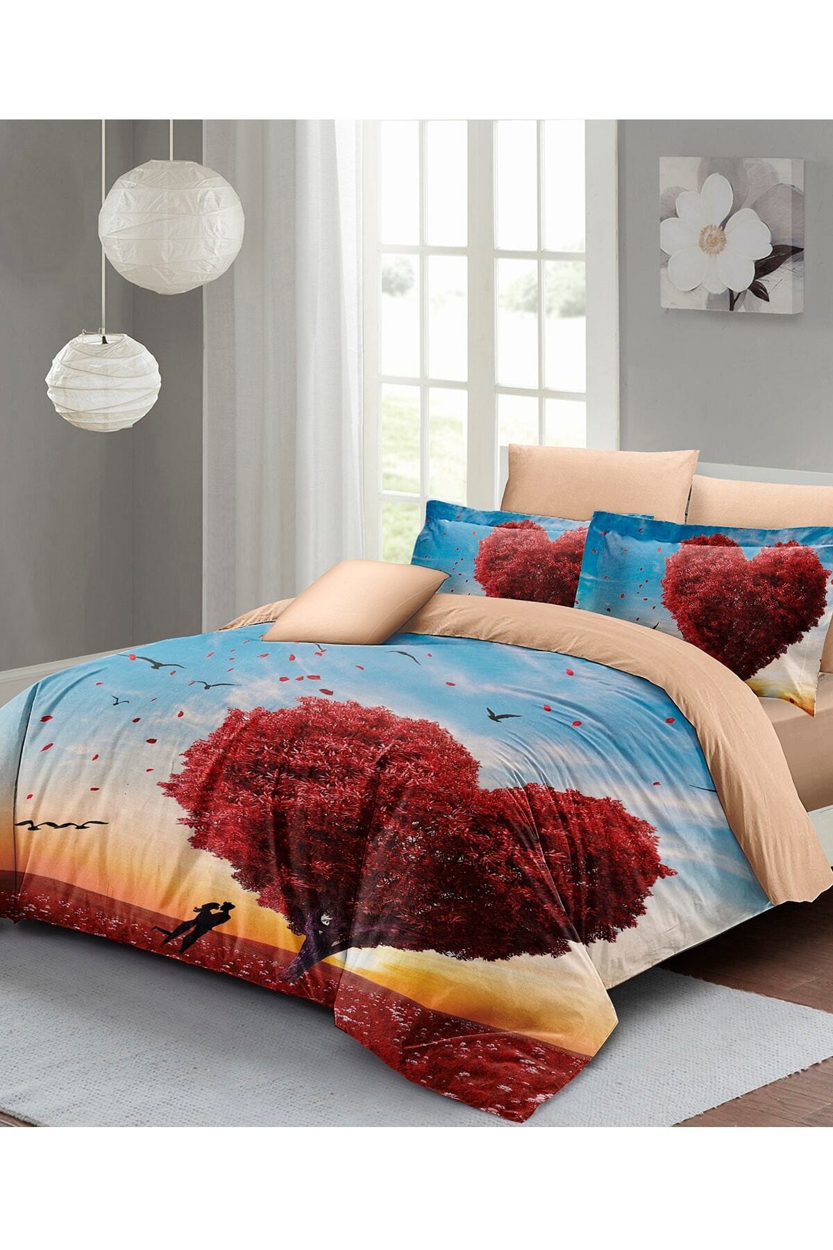 Kıng Sıze Sevgililer Günü Çift Kişilik Nevresim Takımı%100 Pamuk Saten Love Tree 220x240cm