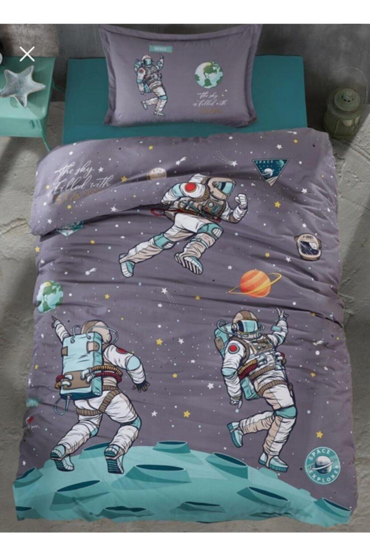 100% Pamuk Ranforce Tek Kişilik Nevresim Takımı SPACE V1 ANTRASİT