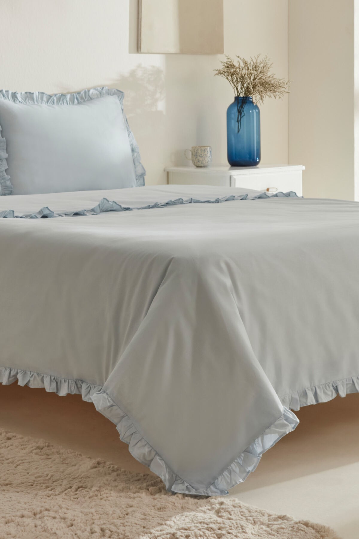 Pure Ruffle %100 Pamuk Çift Kişilik Nevresim Takımı Açık Mavi