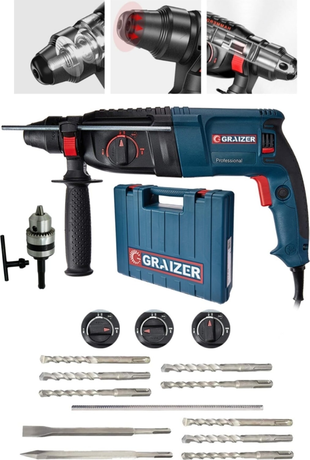 Alman 3000 Watt Kırıcı Delici Hilti Matkap Metal Şanzumanlı ++ 10 Adet Uç ++Yedek Mandren