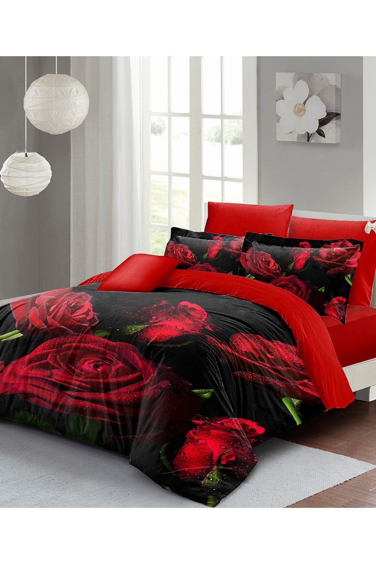 Nevresim Takımı %100 Doğal Pamuk Çift Kişilik 3d Digital Water Drop Rose