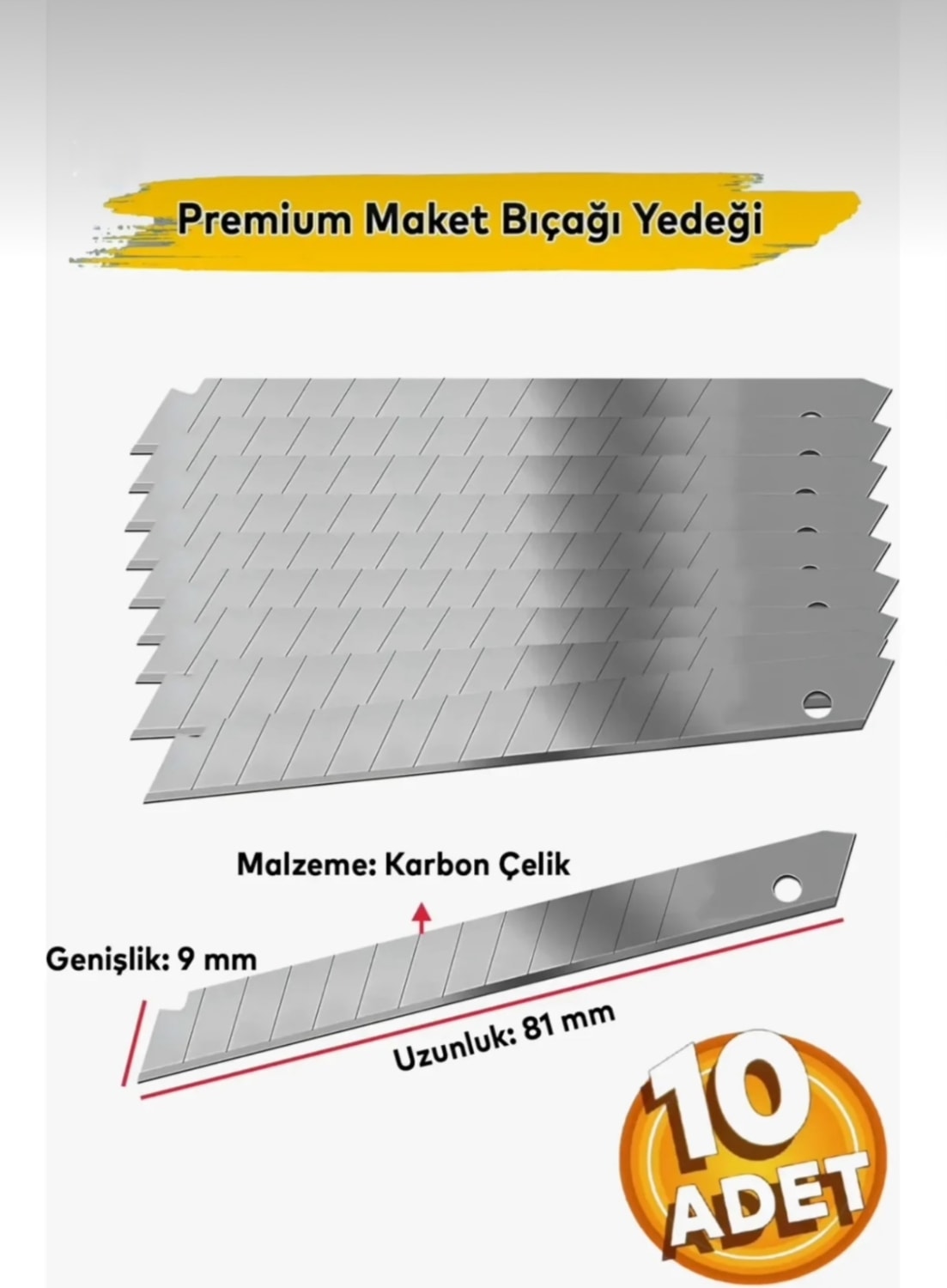 10'lu Maket Bıçağı Yedeği Dar Tip Jilet Bıçak Ucu 9 mm (10 Adet)