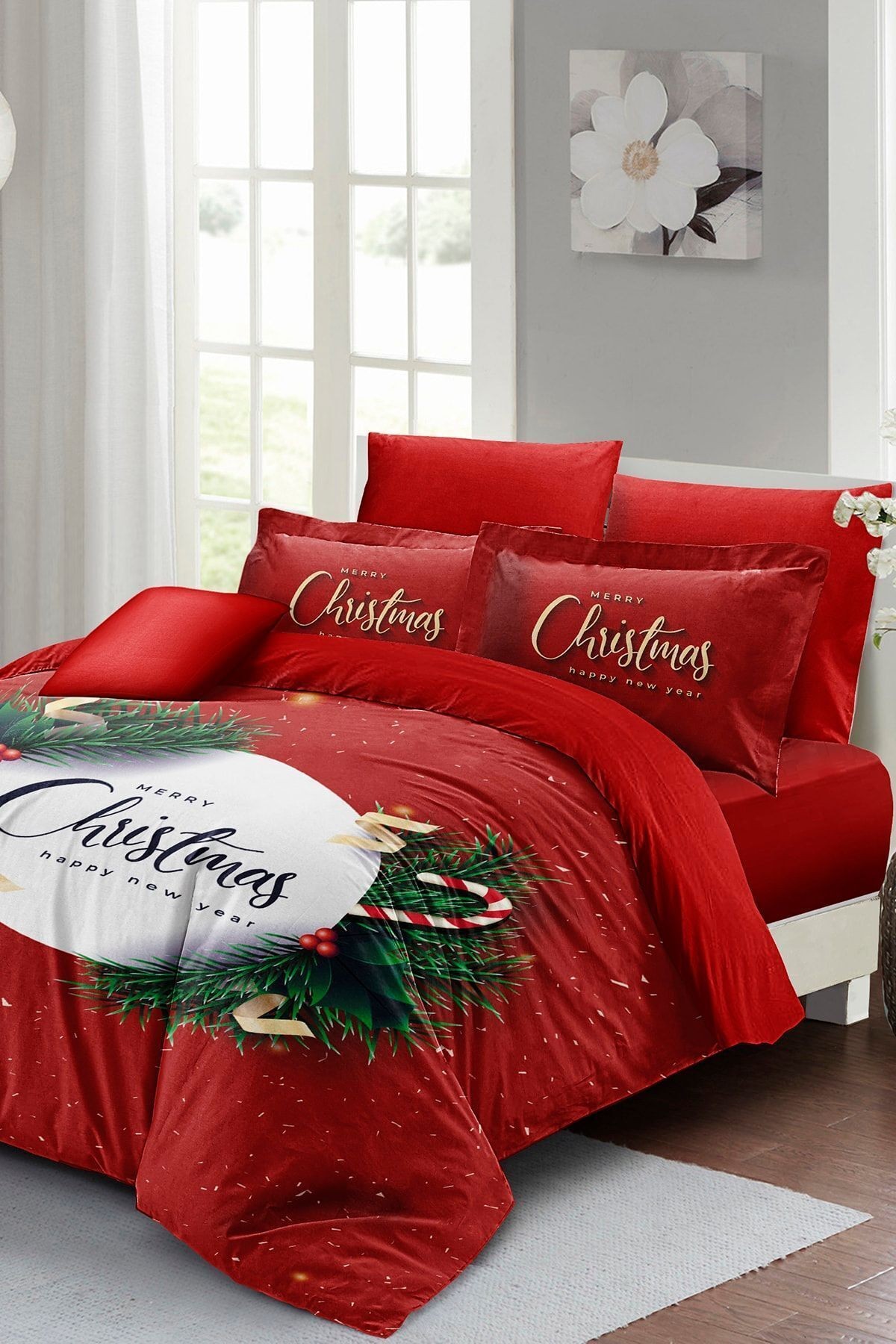 Yılbaşı Süsü Green Christmas Noel %100 Pamuk Saten 3d Çift Kişilik Nevresim Takımı